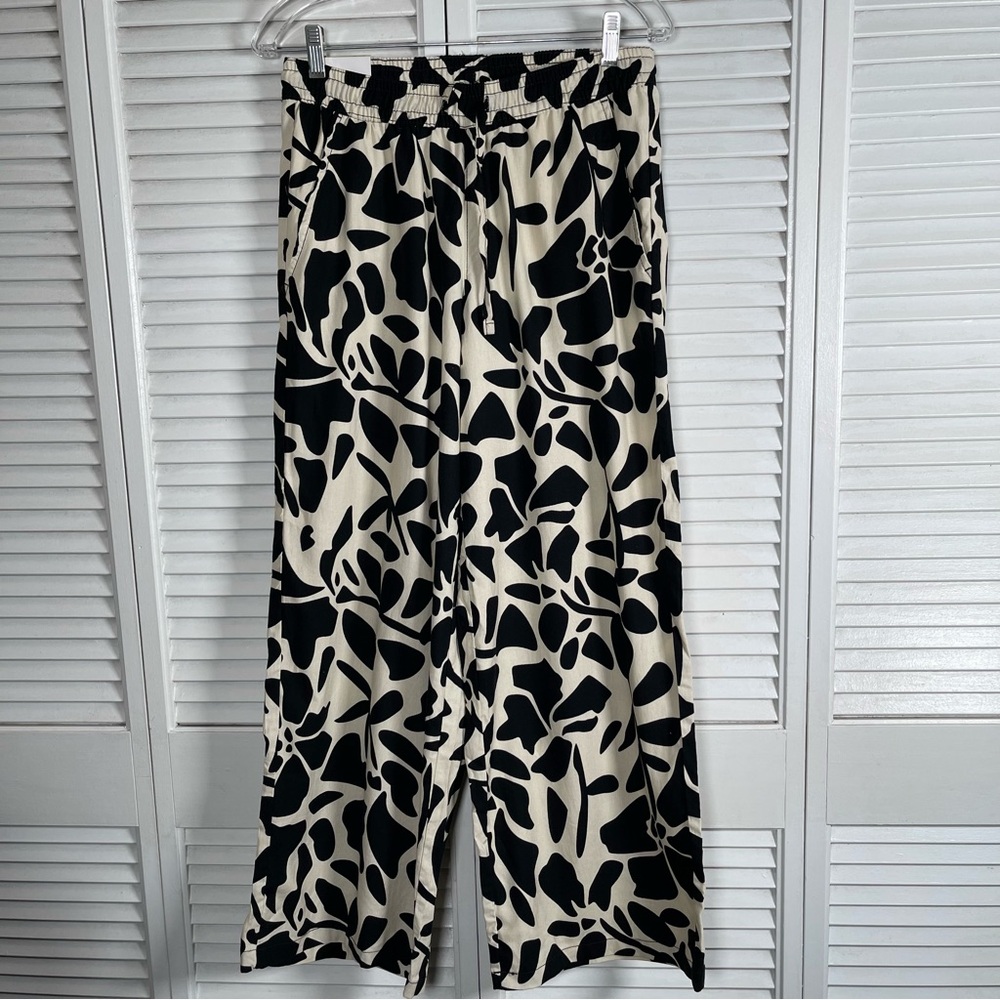 Serra Linen Pants M Wide Leg Black Beige Abstract Print Summer Resort Wear - Picture 2 of 11